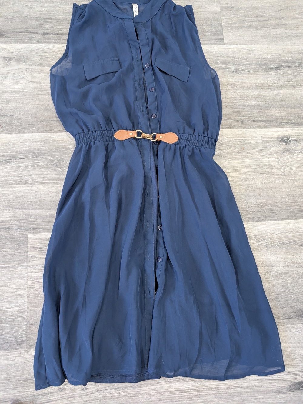 Navy  Sleeveless Shirt Dress with Faux Leather Belt